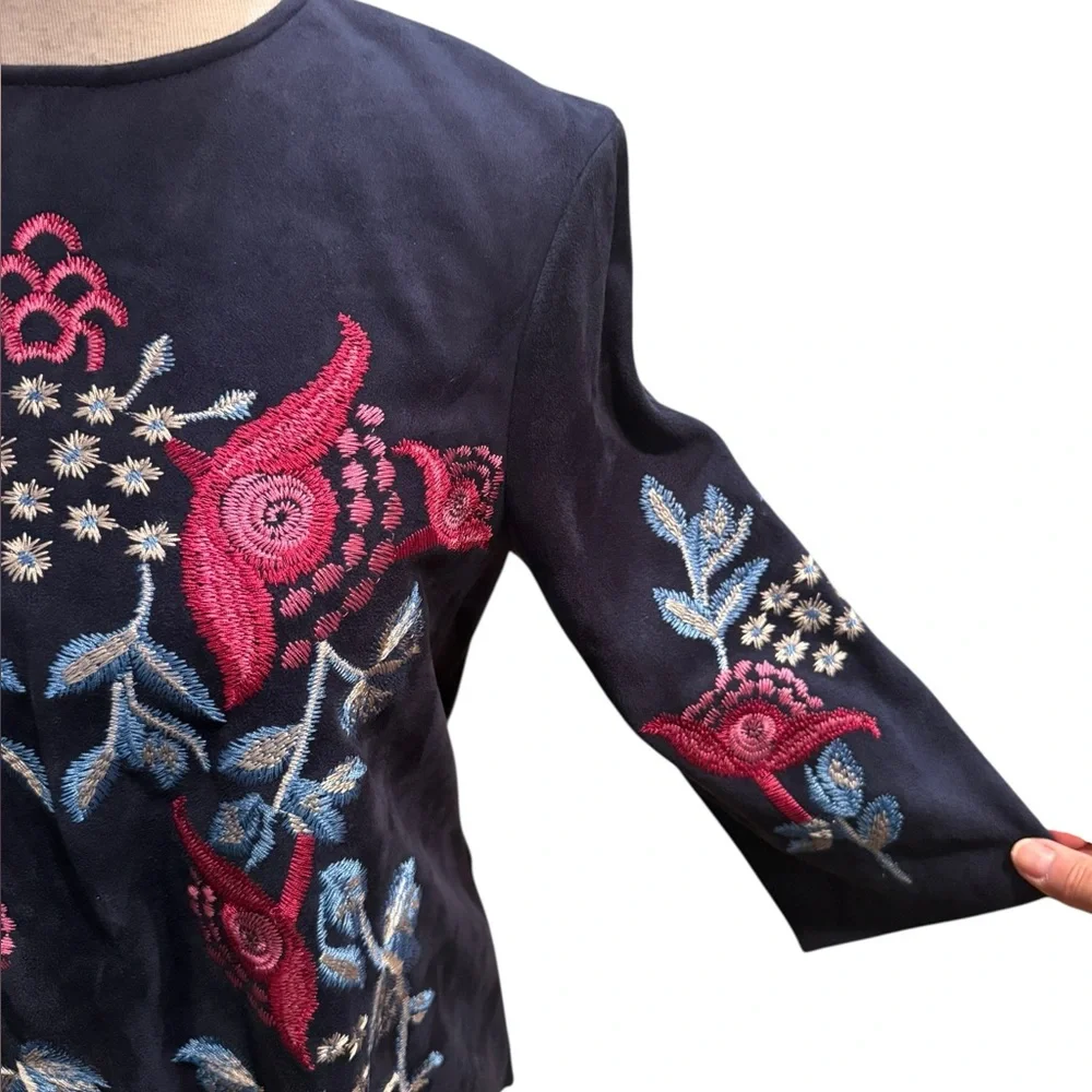 Zara Woman Faux Suede Embroidered Floral Navy Blue Top with 3/4 Sleeves Size S